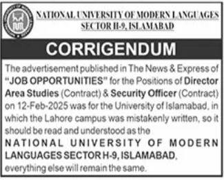 Jobs at NUML University Islamabad 2025: Area Studies Director