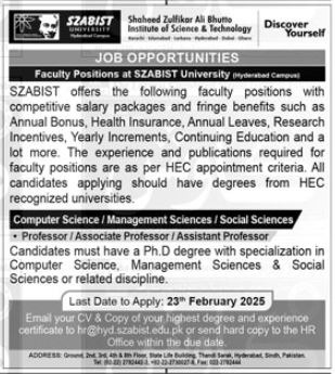 Jobs in the Shaheed Zulfiqar Ali Bhutto Institute of Science