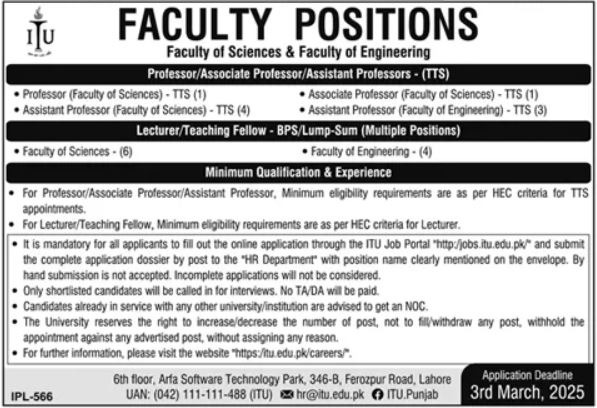 Current Jobs at the Information Technology University (ITU) in Lahore