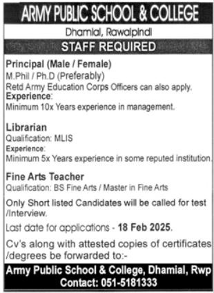 Rawalpindi Jobs for Army Public Schools & Colleges 2025