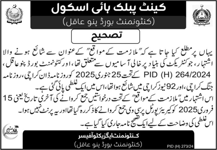 Jobs for Teachers at Cantt Public High School Pano Aqil in 2025