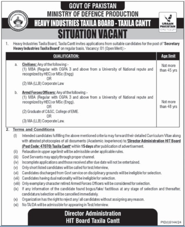 Secretary Positions at Heavy Industries Taxila Board HIT 2025